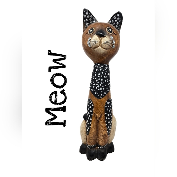 Cat Wooden & Metal 12 Inch Hand Carved Figurine With Metal Designs Cat Live Meow - Picture 1 of 10